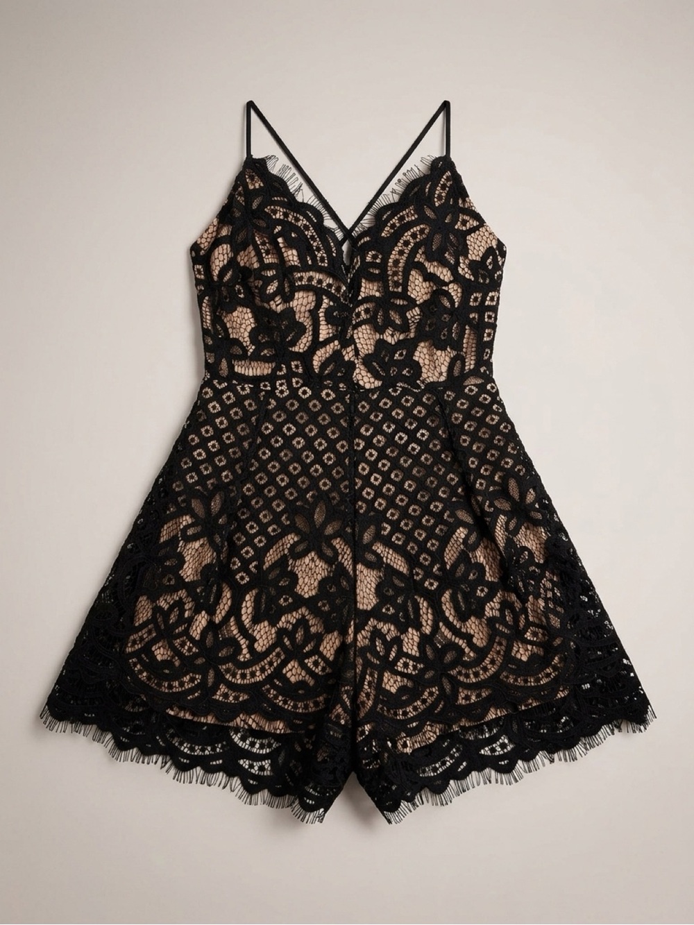 Express Black Lace Overlay Nude Romper with Spaghetti Straps